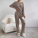 Women's ribbed two-piece lounge set with V-neck long-sleeved top and wide-leg trousers