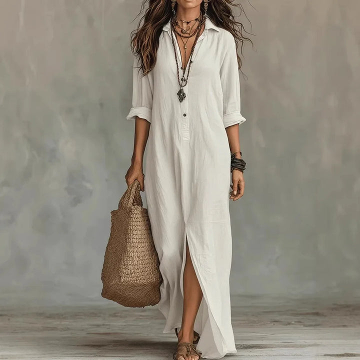 Women's maxi dress with collar and three-quarter sleeves, shown in white and black