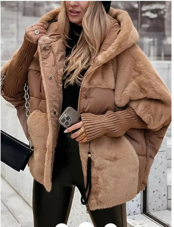 Women's hooded puffer jacket with plush faux fur panels