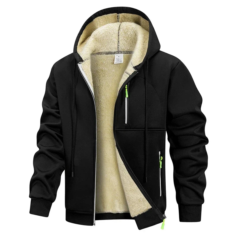 Men's hooded zip-up hoodie with light pile lining and zipped pockets