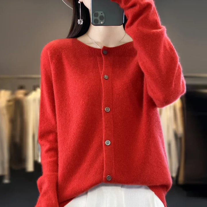 Women's crew neck knit cardigan with long sleeves and button front