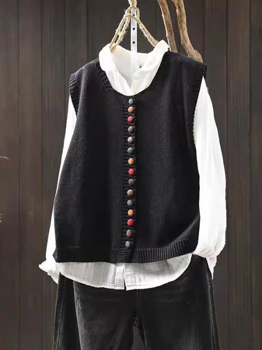Women's sleeveless button-front knit vest with V-neck and ribbed trim