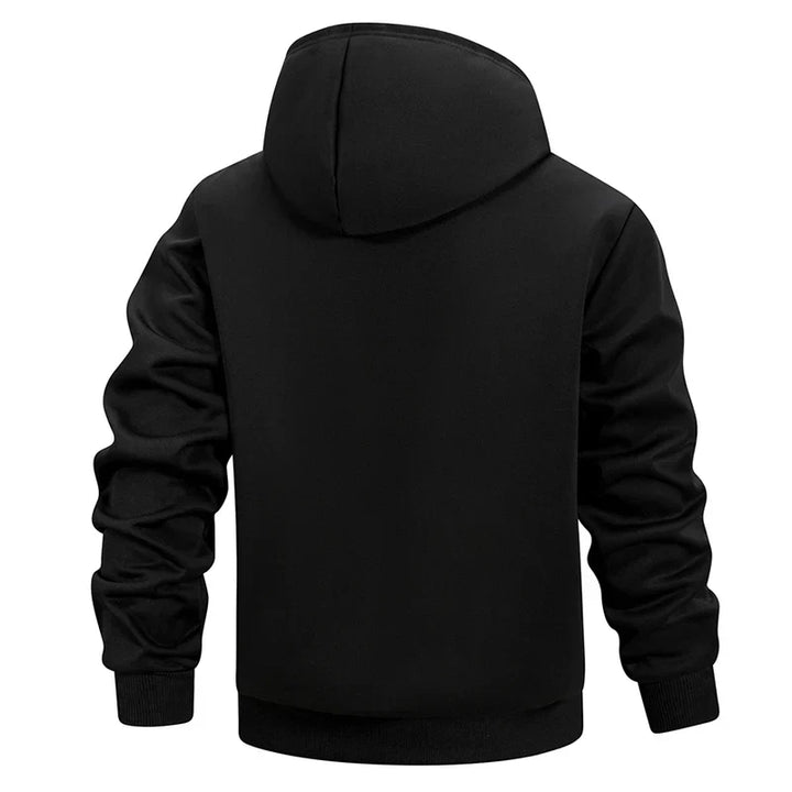 Men's hooded zip-up hoodie with light pile lining and zipped pockets