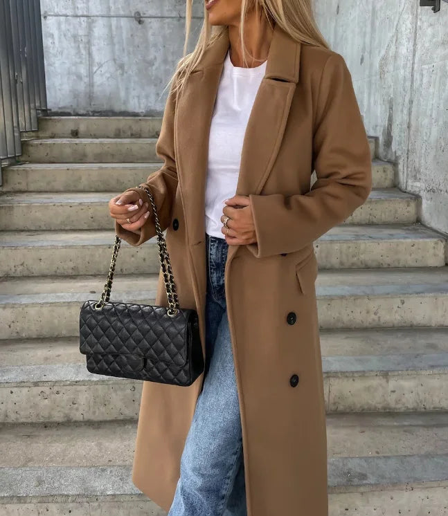 Women's long double-breasted trench coat with belt and lapels
