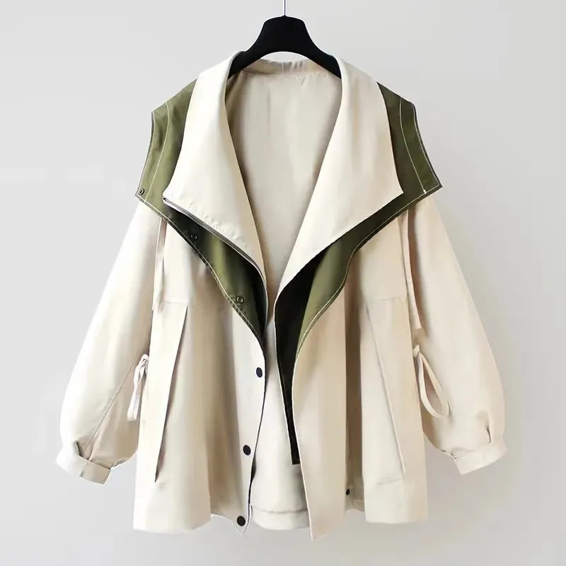 Women's color block windbreaker jacket with layered collar and long sleeves