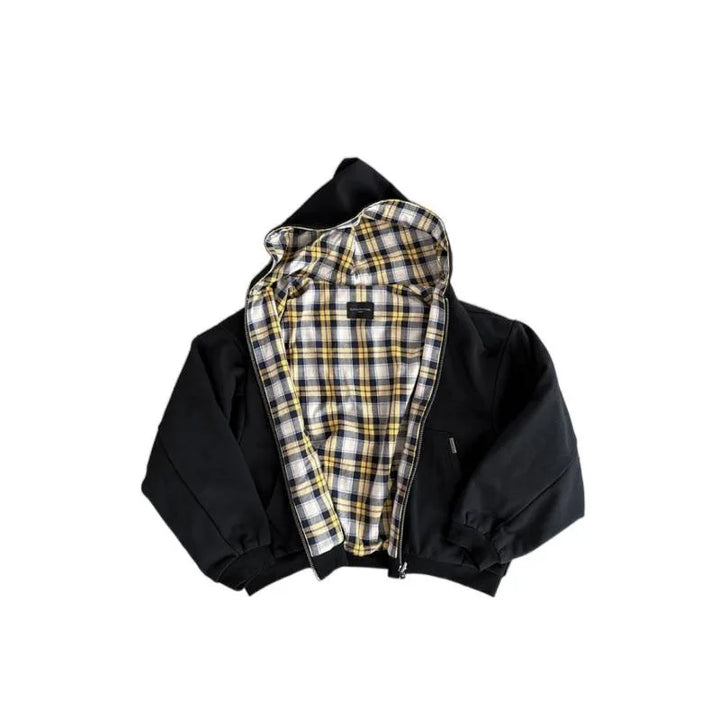 Black hooded zip jacket with checked lining and front pockets