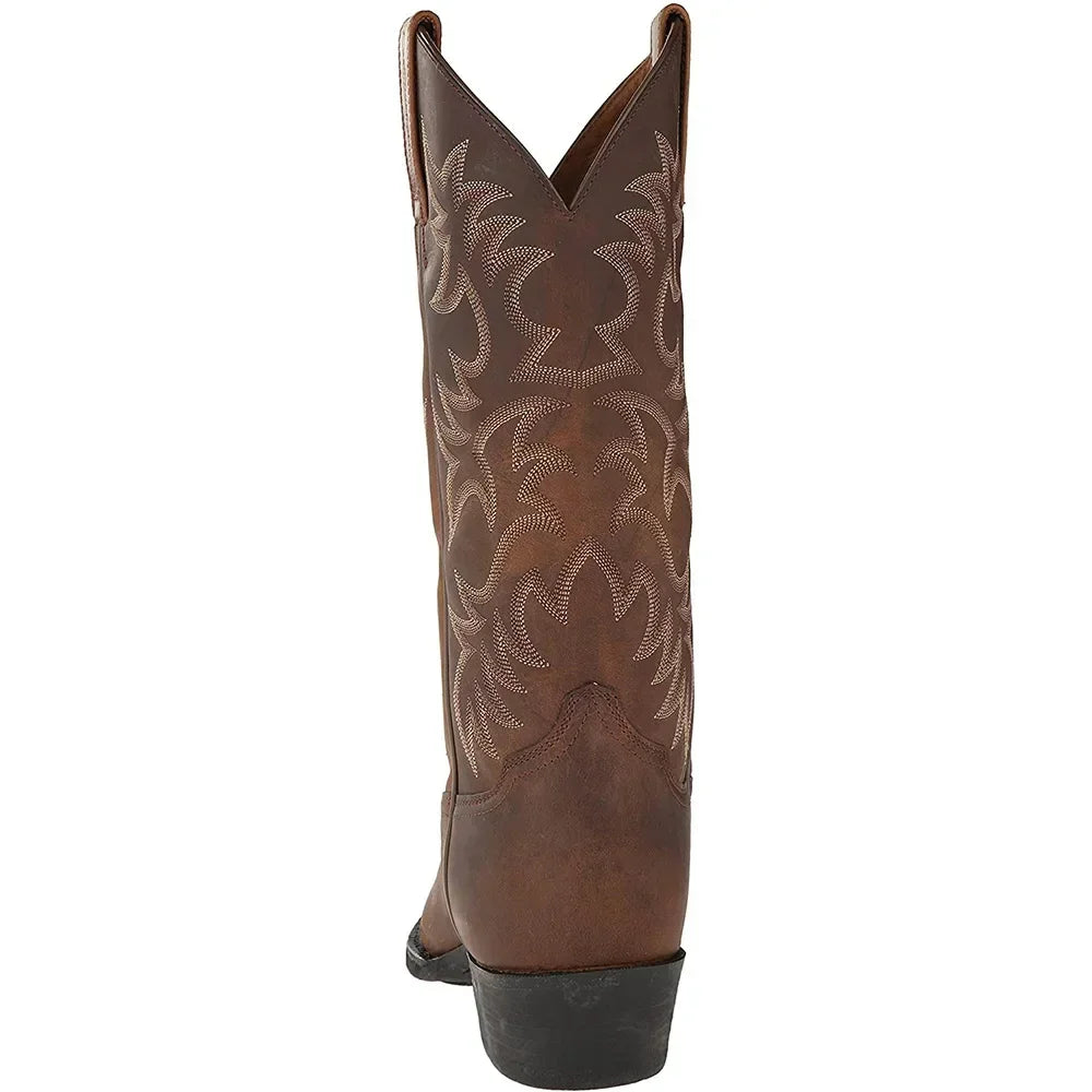 Men's cowboy boots with embroidered shaft, pointed toe and low heel