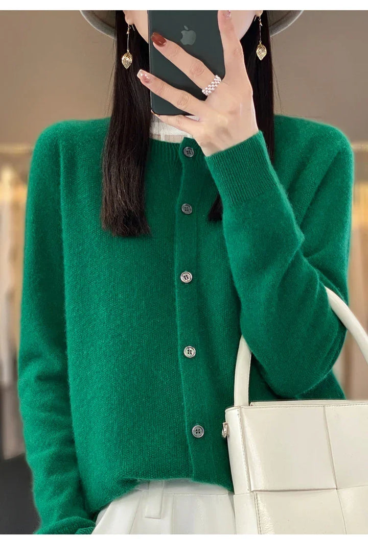 Women's crew neck knit cardigan with long sleeves and button front