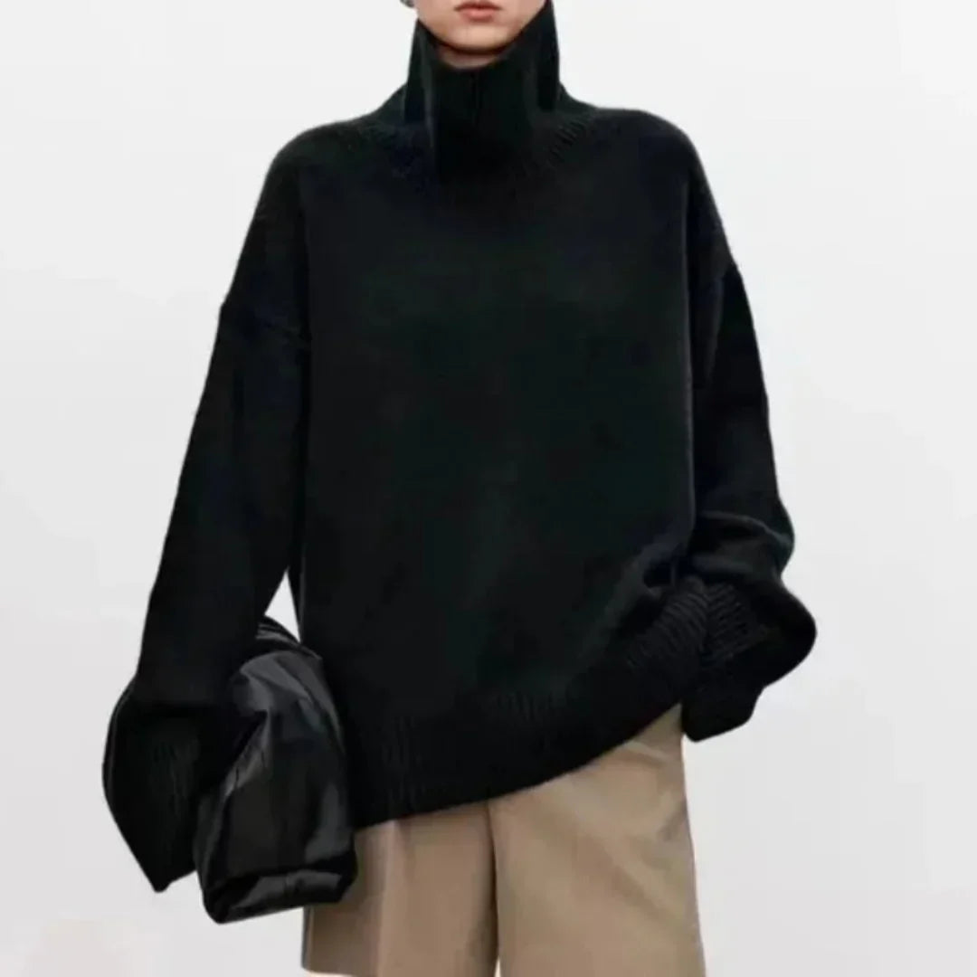 Women's plain knit turtleneck sweater with ribbed collar and long sleeves