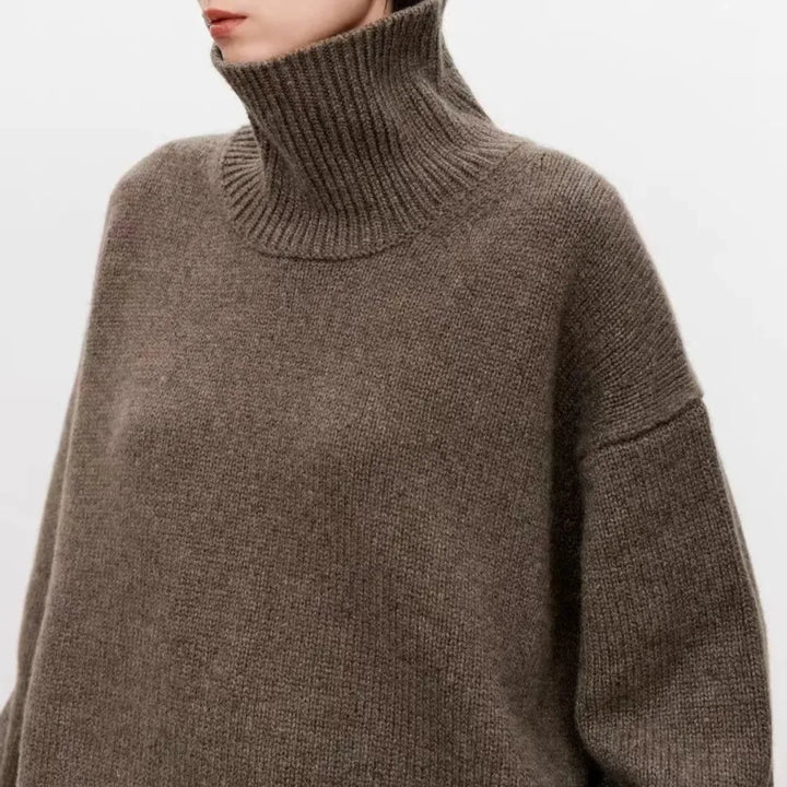 Women's plain knit turtleneck sweater with ribbed collar and long sleeves