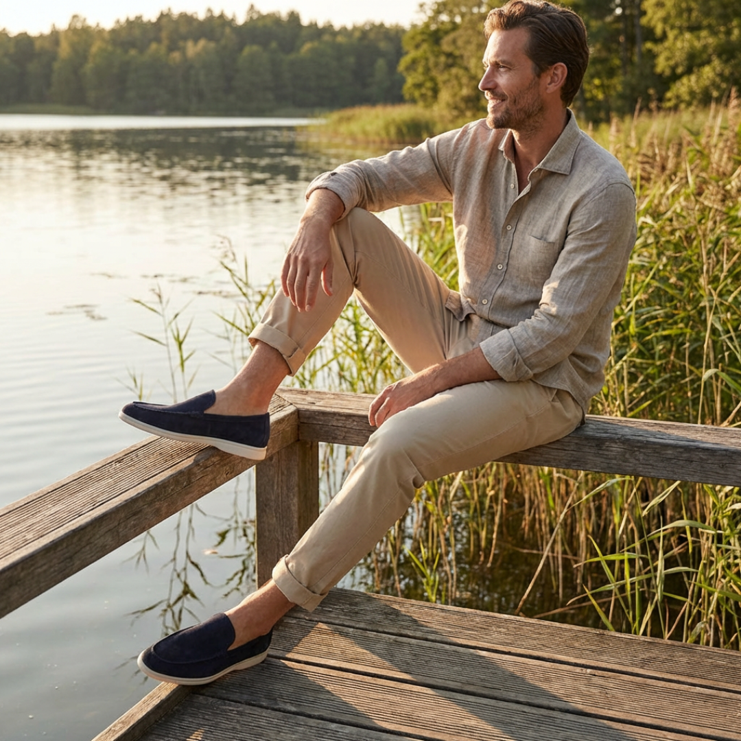 Men's slip-on loafers with stitched toe detail and contrast soles