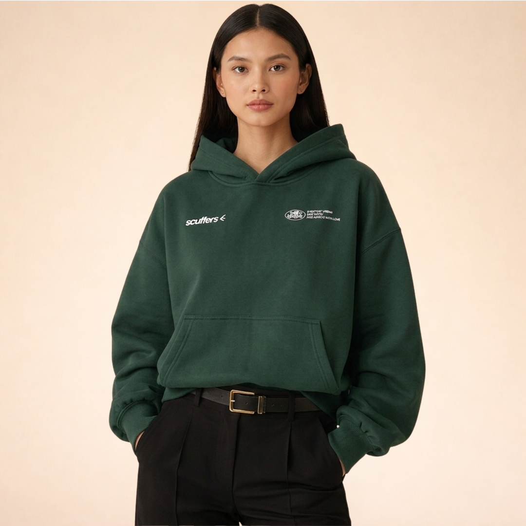 Women's hooded pullover hoodie with long sleeves, chest graphics and kangaroo pocket