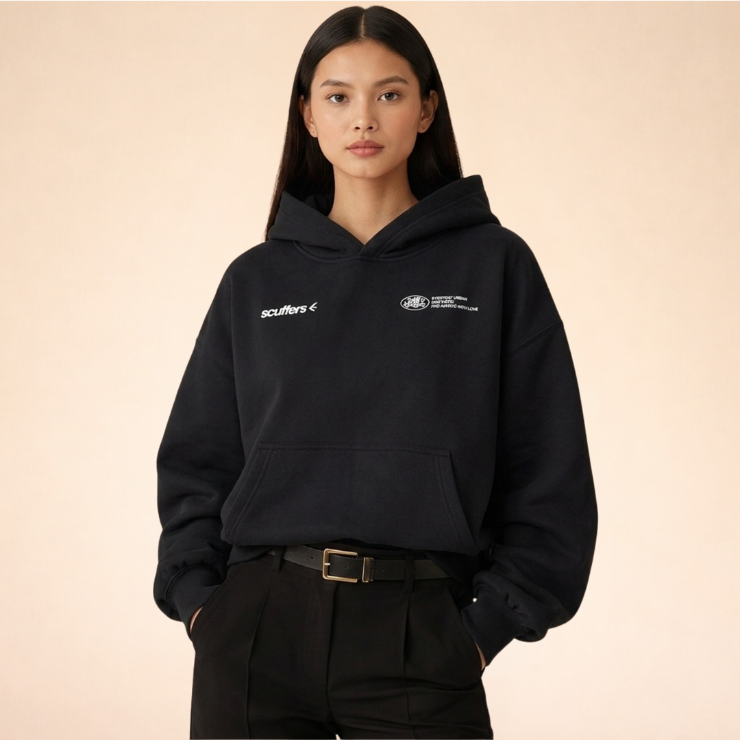 Women's hooded pullover hoodie with long sleeves, chest graphics and kangaroo pocket