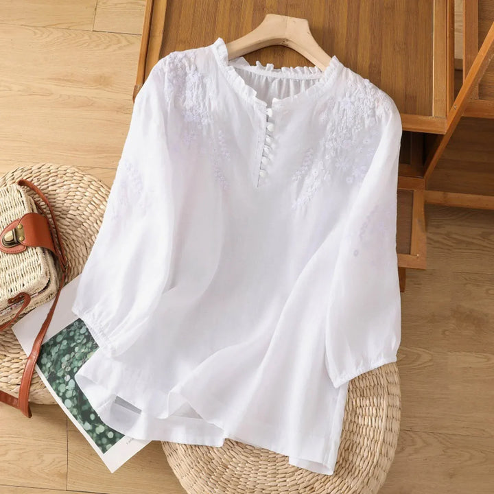 Embroidered Button-Front Blouse in White - View 3 | Bellmere