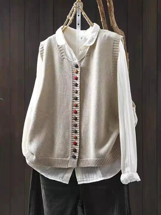 Women's sleeveless button-front knit vest with V-neck and ribbed trim