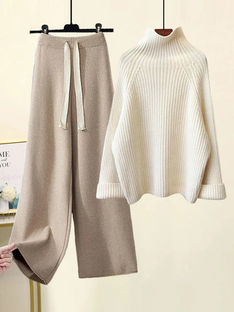 Women's ribbed turtleneck sweater and wide leg trouser set