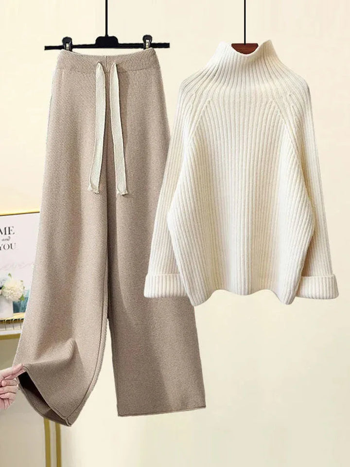 Women's ribbed turtleneck sweater and wide leg trouser set