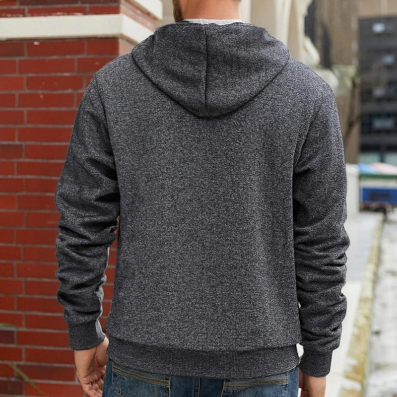 Men's hooded zip-up hoodie with light pile lining and zipped pockets