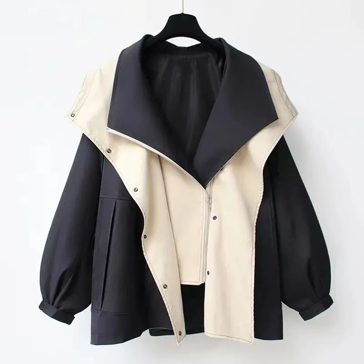 Women's color block windbreaker jacket with layered collar and long sleeves