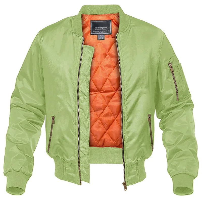 Men's quilted bomber jacket with stand collar, long sleeves and zip pockets