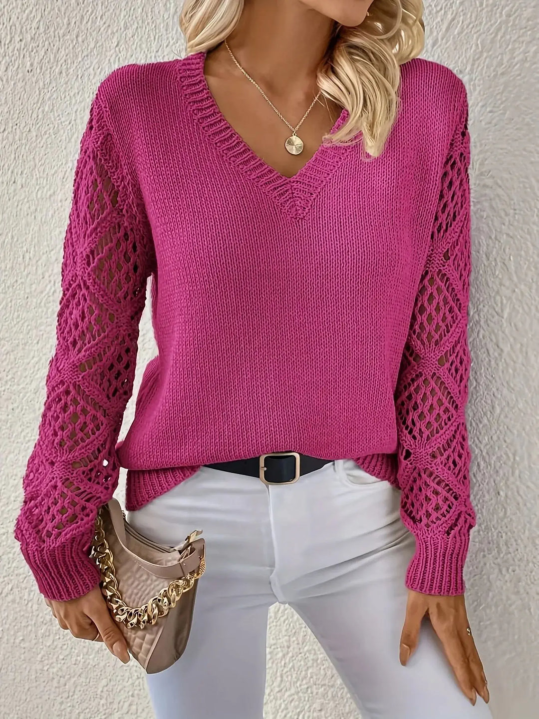 Women's V-neck open-knit sweater with long sleeves