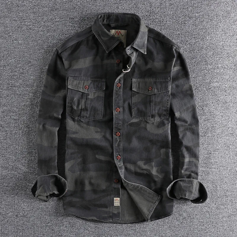 Long-sleeve camouflage button-up shirt with two chest pockets