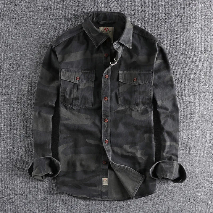 Long-sleeve camouflage button-up shirt with two chest pockets
