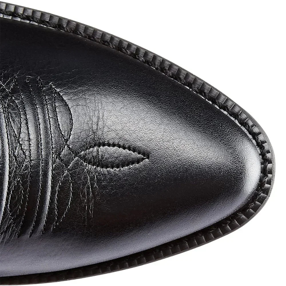 Men's cowboy boots with embroidered shaft, pointed toe and low heel