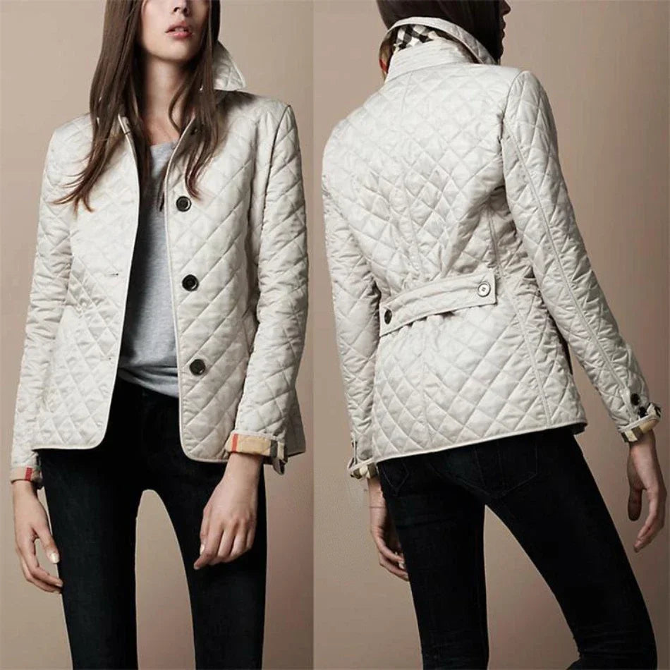 Women's diamond quilted jacket with button front and turn-down collar