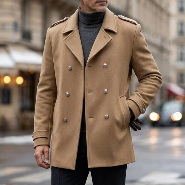 Men's double-breasted winter coat with notched lapels and button details