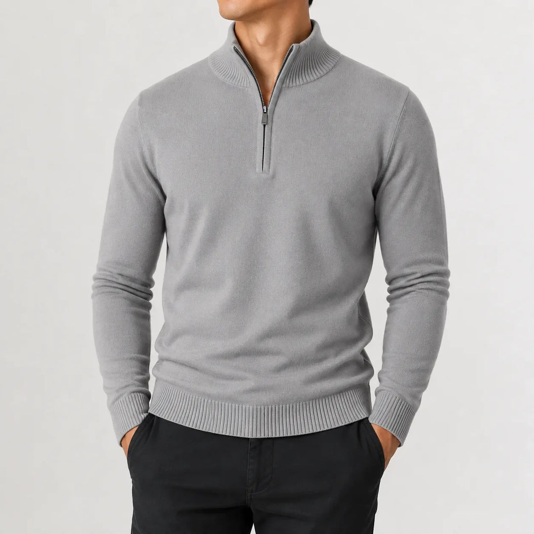 Men's long-sleeve zip-up mock neck sweater with ribbed trims