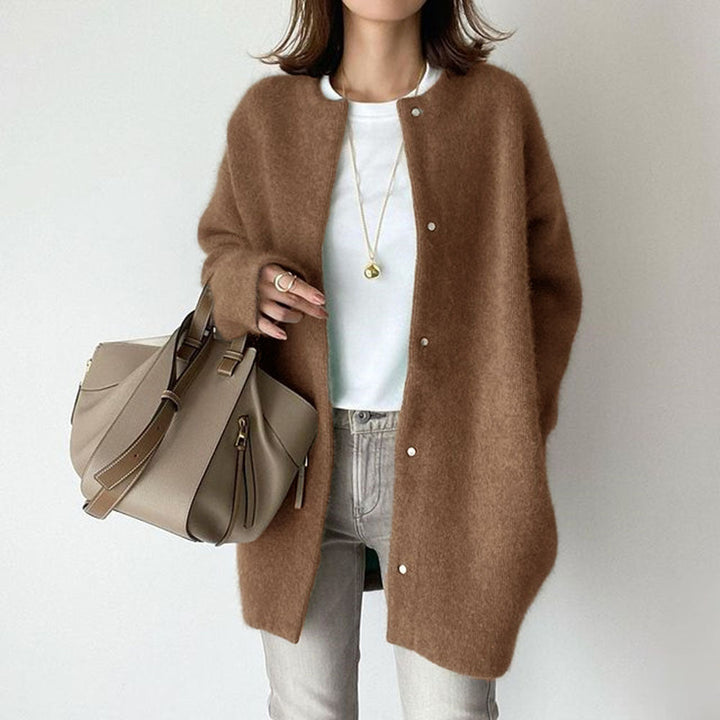 Women's long button front cardigan coat with round neck