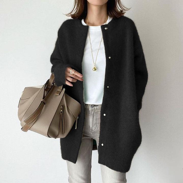 Women's long button front cardigan coat with round neck
