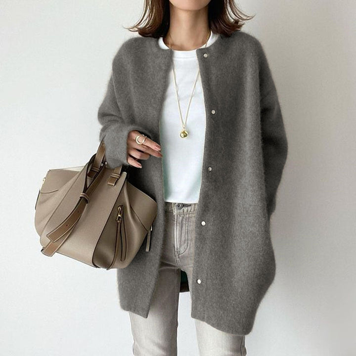 Women's long button front cardigan coat with round neck
