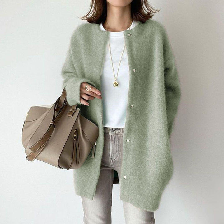 Women's long button front cardigan coat with round neck