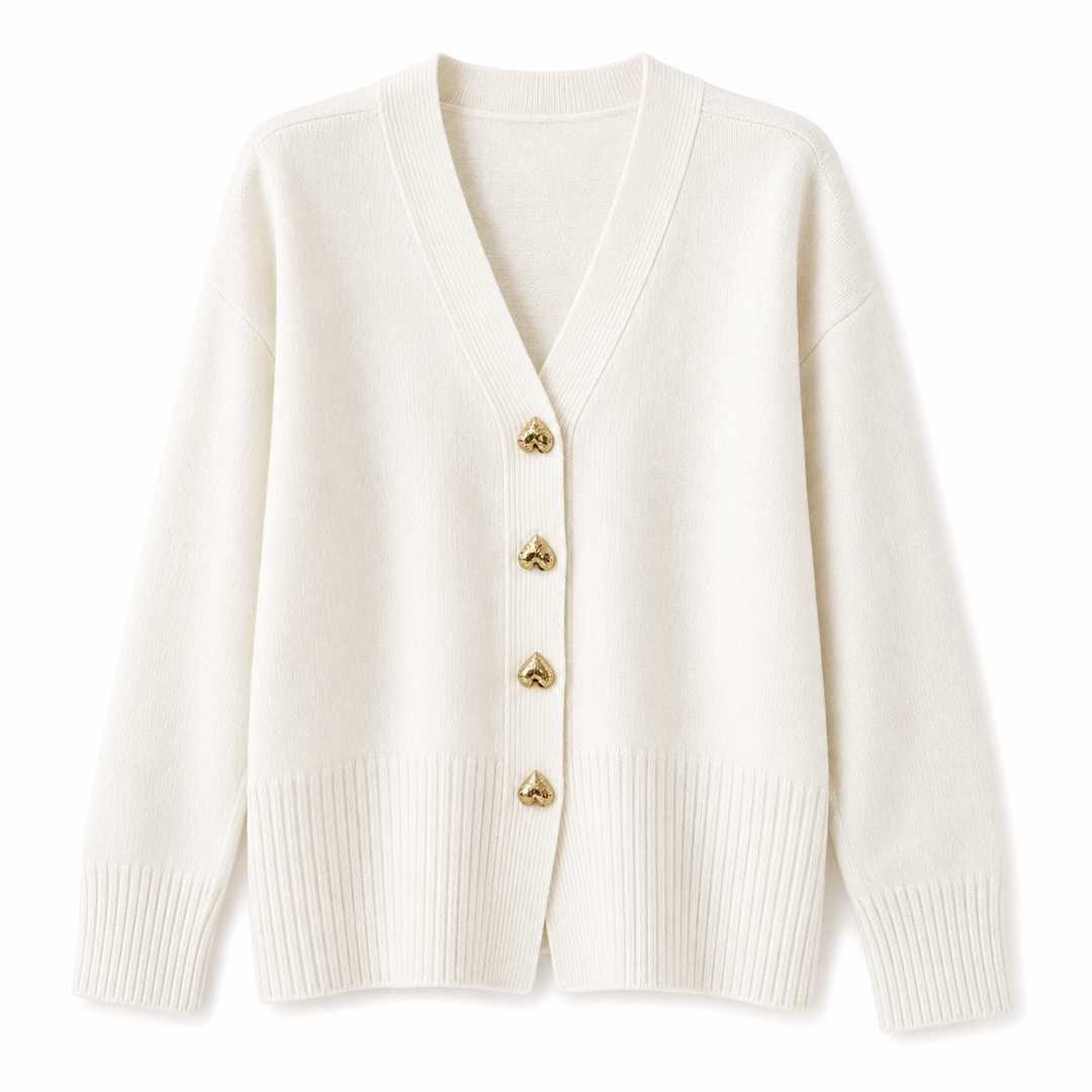 Women's V-neck cardigan with heart-shaped buttons and ribbed trims