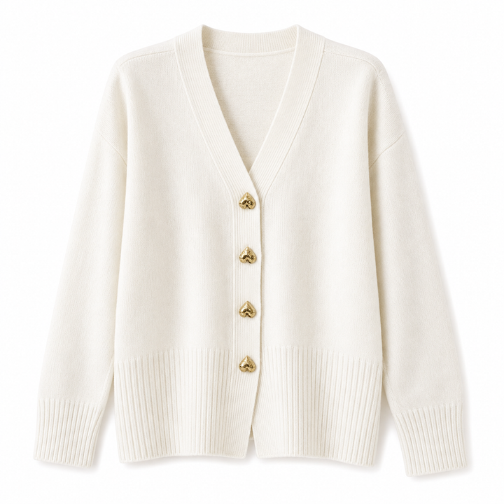 Women's V-neck cardigan with heart-shaped buttons and ribbed trims