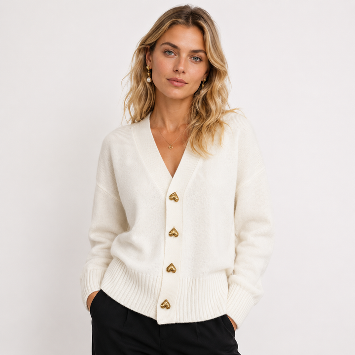 Women's V-neck cardigan with heart-shaped buttons and ribbed trims