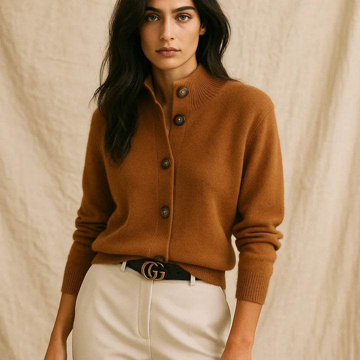 Women's button front cardigan with long sleeves and ribbed trims