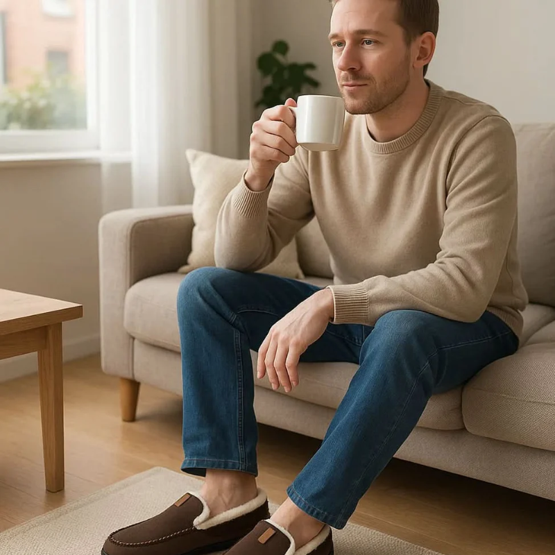 Men's lined slip-on moccasin slippers with plush trim and flat treaded soles