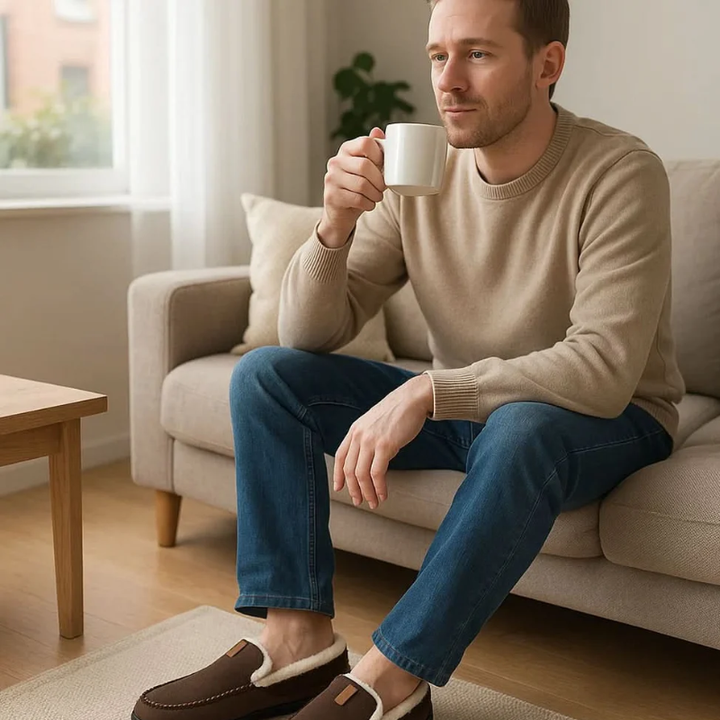 Men's lined slip-on moccasin slippers with plush trim and flat treaded soles