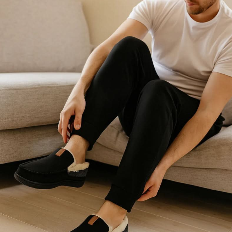 Men's lined slip-on moccasin slippers with plush trim and flat treaded soles