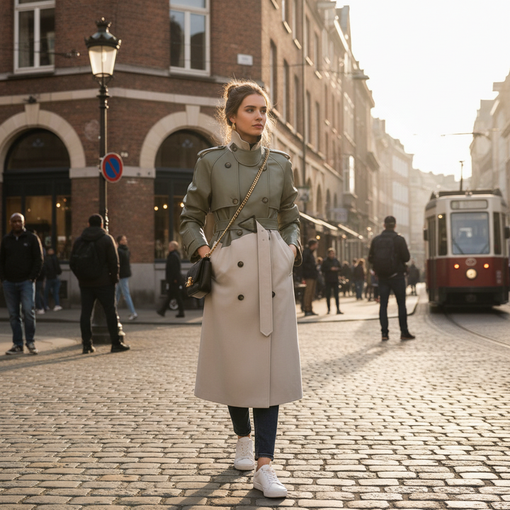 Women's two-tone high-neck trench coat with belted waist and midi length