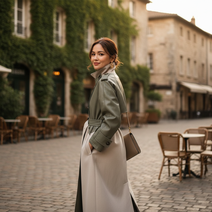 Women's two-tone high-neck trench coat with belted waist and midi length
