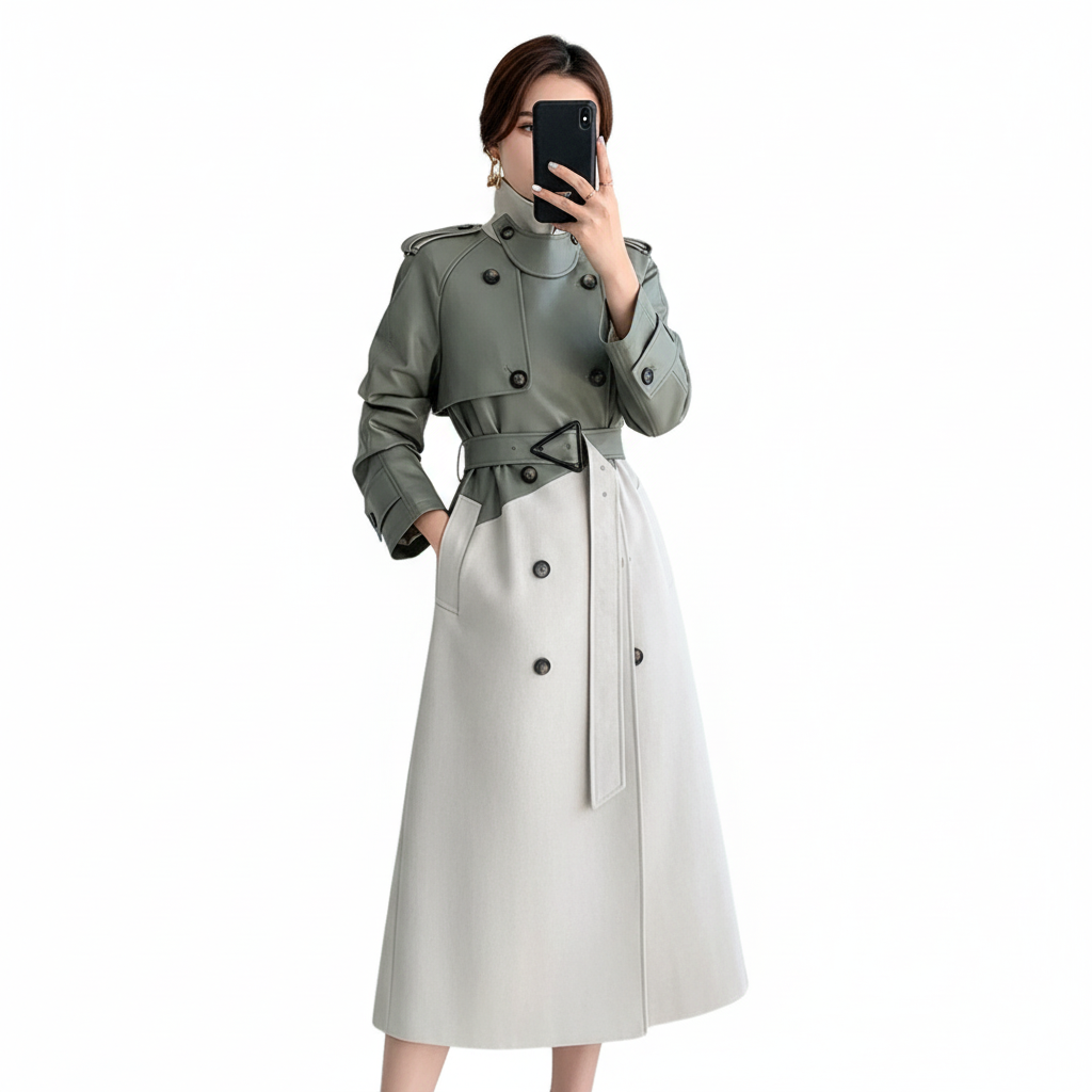 Women's two-tone high-neck trench coat with belted waist and midi length