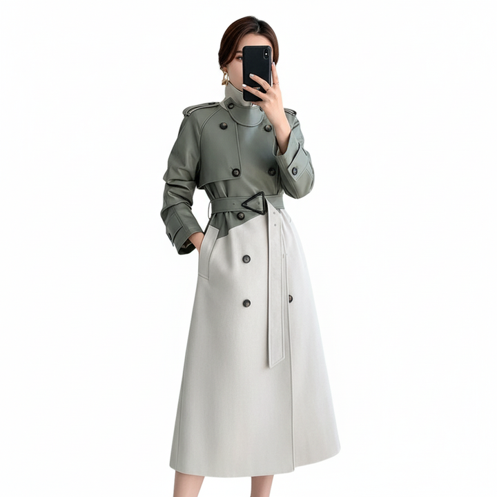 Women's two-tone high-neck trench coat with belted waist and midi length