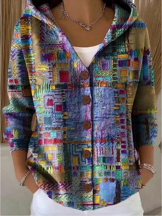 Women's patterned hooded cardigan with button front and pockets