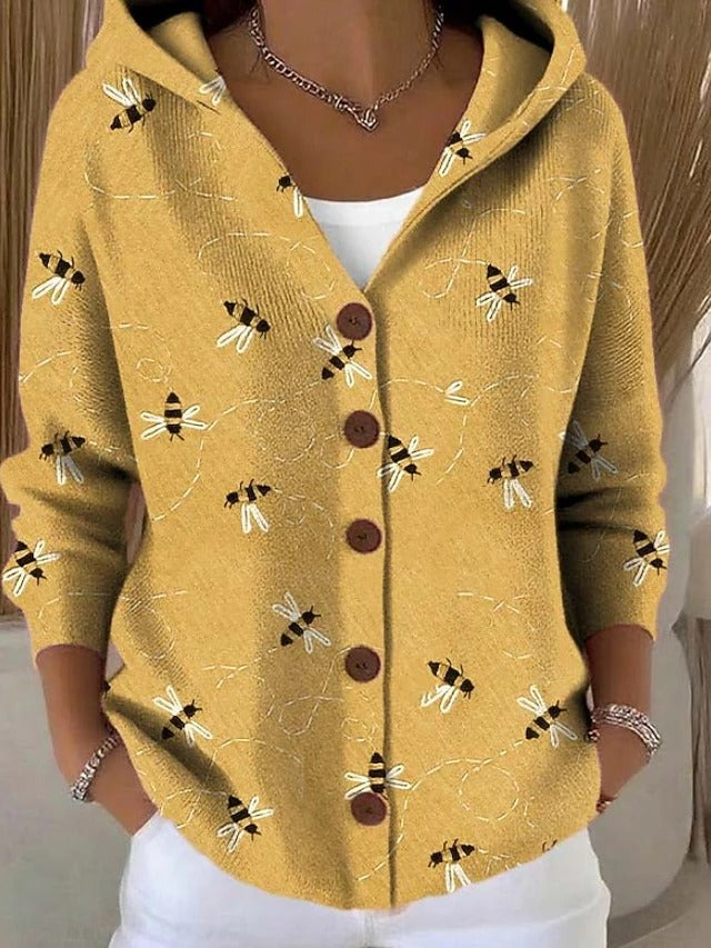 Women's patterned hooded cardigan with button front and pockets