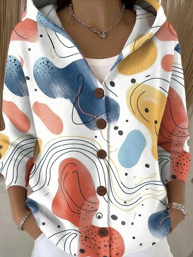 Women's patterned hooded cardigan with button front and pockets