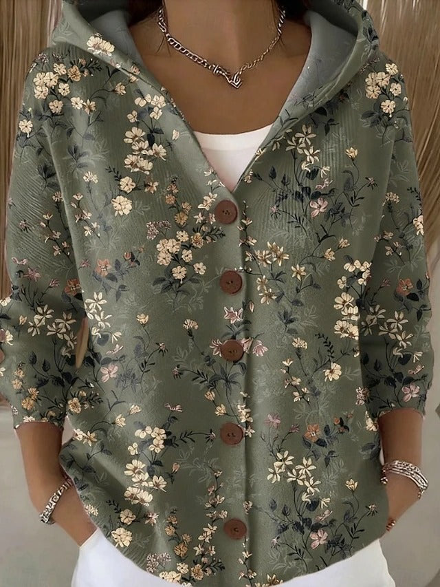Women's patterned hooded cardigan with button front and pockets